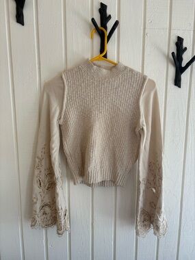 Cream Knit Sweater with Lace Embroidered Bell Sleeves Anthropologie